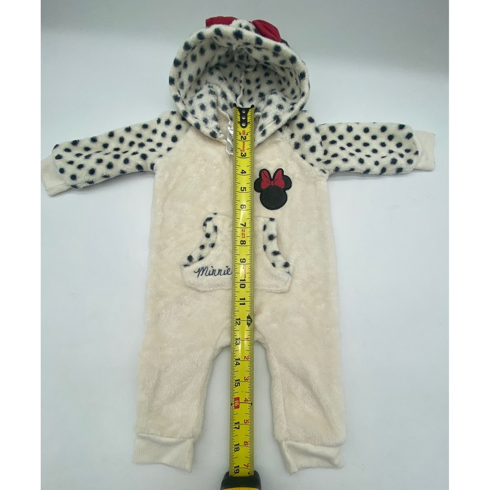 Disney Baby Minnie Mouse Faux Fur Hooded Jumpsuit Polka Dot 3-6M Cream Black - Picture 6 of 10